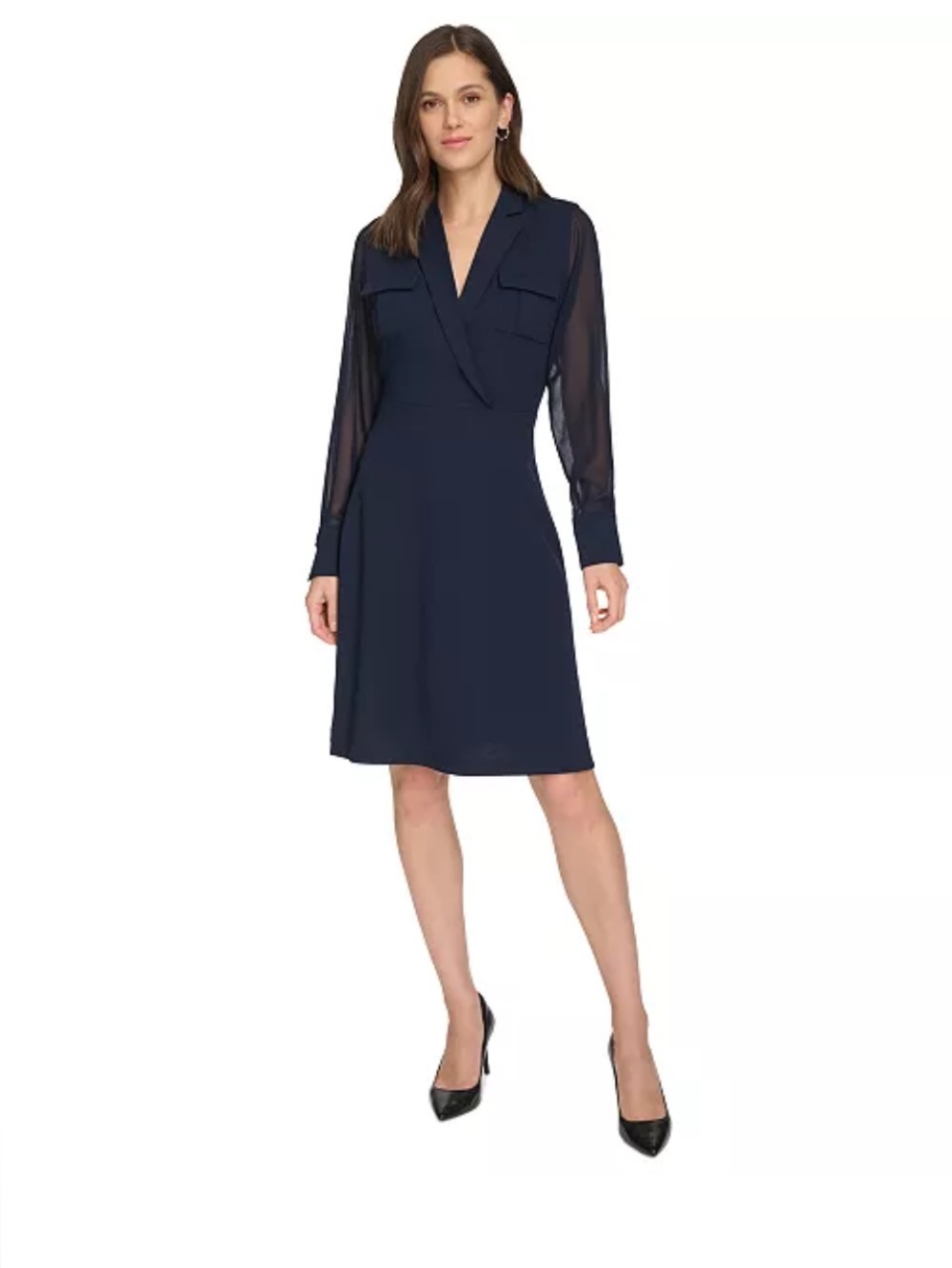 NWT Size 10 Calvin Klein Long Sleeve V-Neck Dress Navy Utility Mid-Length